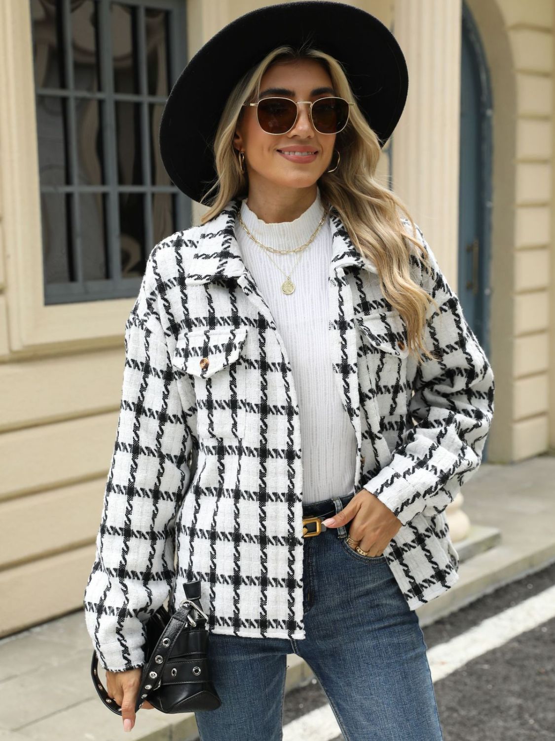 Plaid Collared Neck Long Sleeve Jacket Trandify Deal