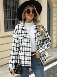 Plaid Collared Neck Long Sleeve Jacket Trandify Deal