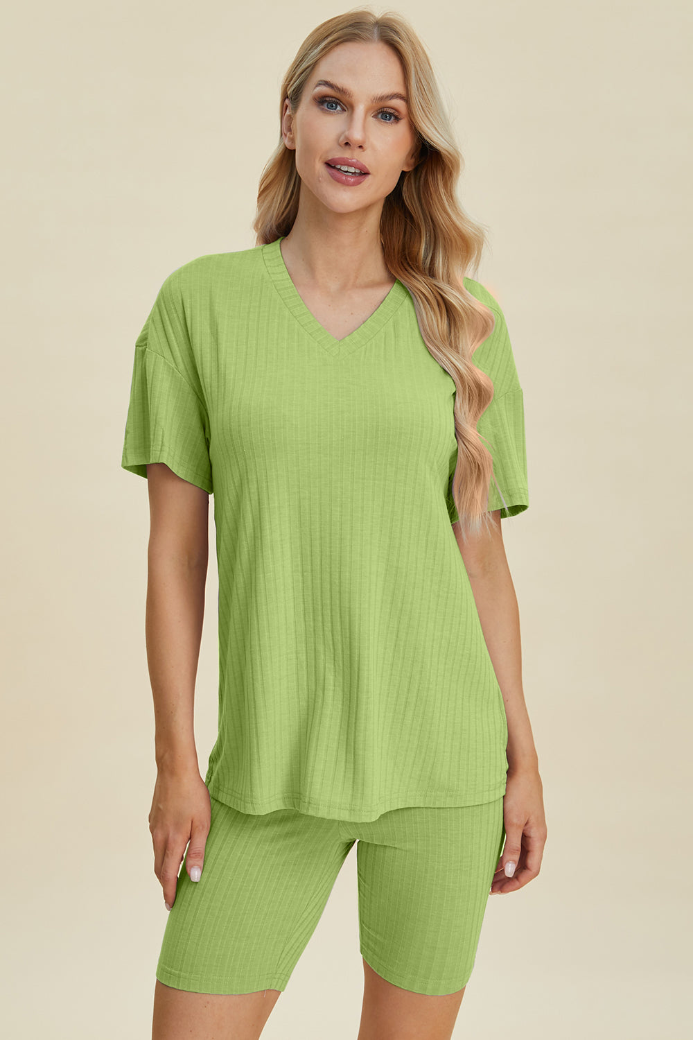 Basic Bae Full Size Ribbed V-Neck Short Sleeve Top and Shorts Set Trandify deal