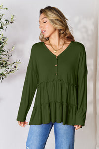 Double Take Half Button Long Sleeve Ruffle Hem Blouse Trandify Deal