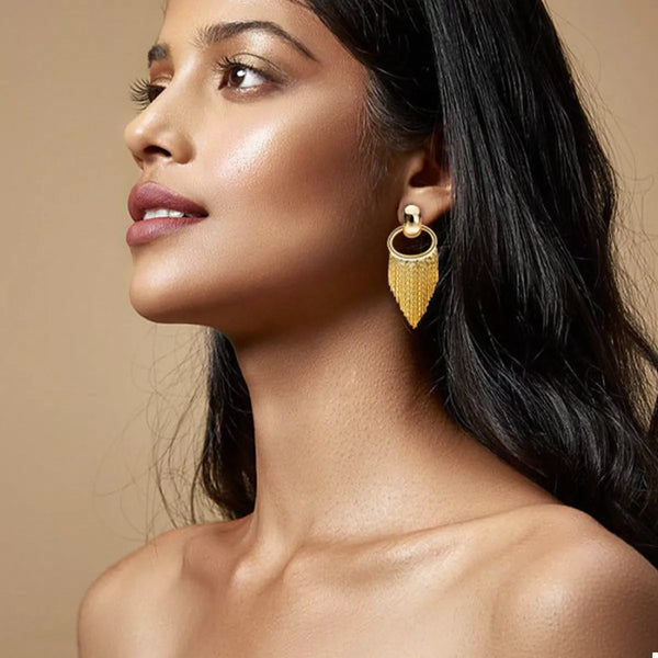 18K Gold Plated Fringe Chain Earrings dangling from a model's ear, showcasing the elegant gold finish and dynamic movement.