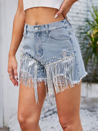 Distressed Pearl Trim Denim Shorts with Pockets Trandify deal