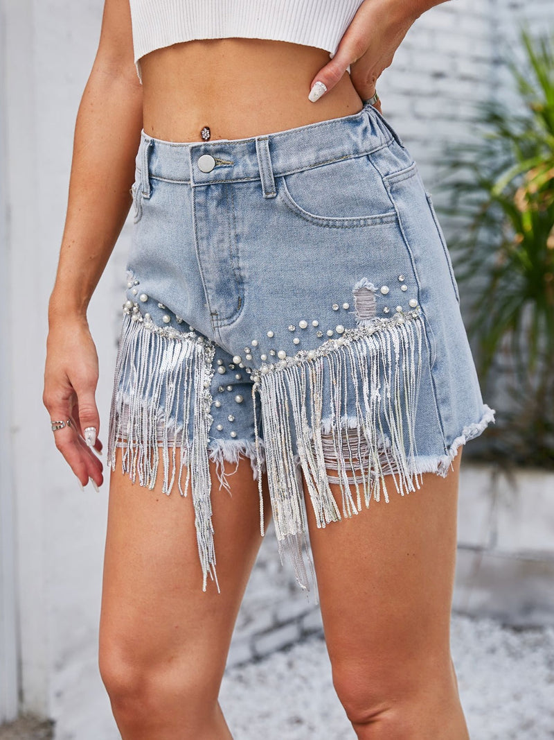 Distressed Pearl Trim Denim Shorts with Pockets Trandify deal