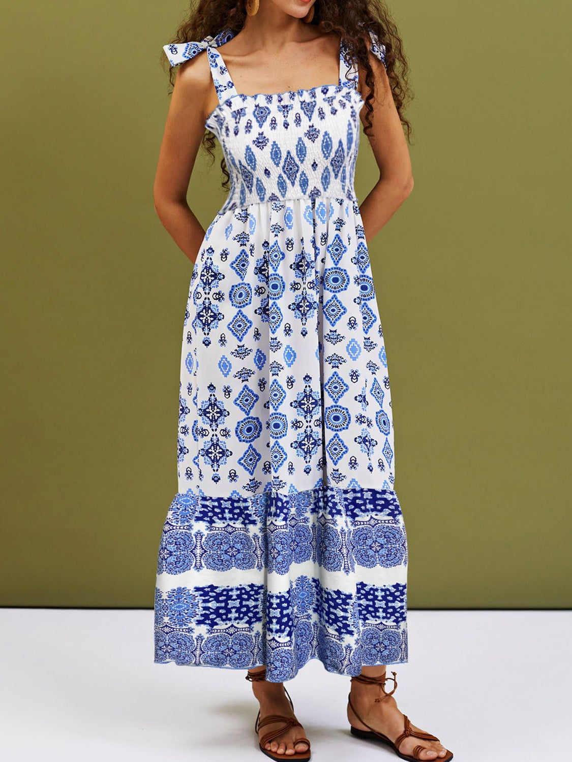 Smocked Printed Square Neck Cami Dress Trandify deal