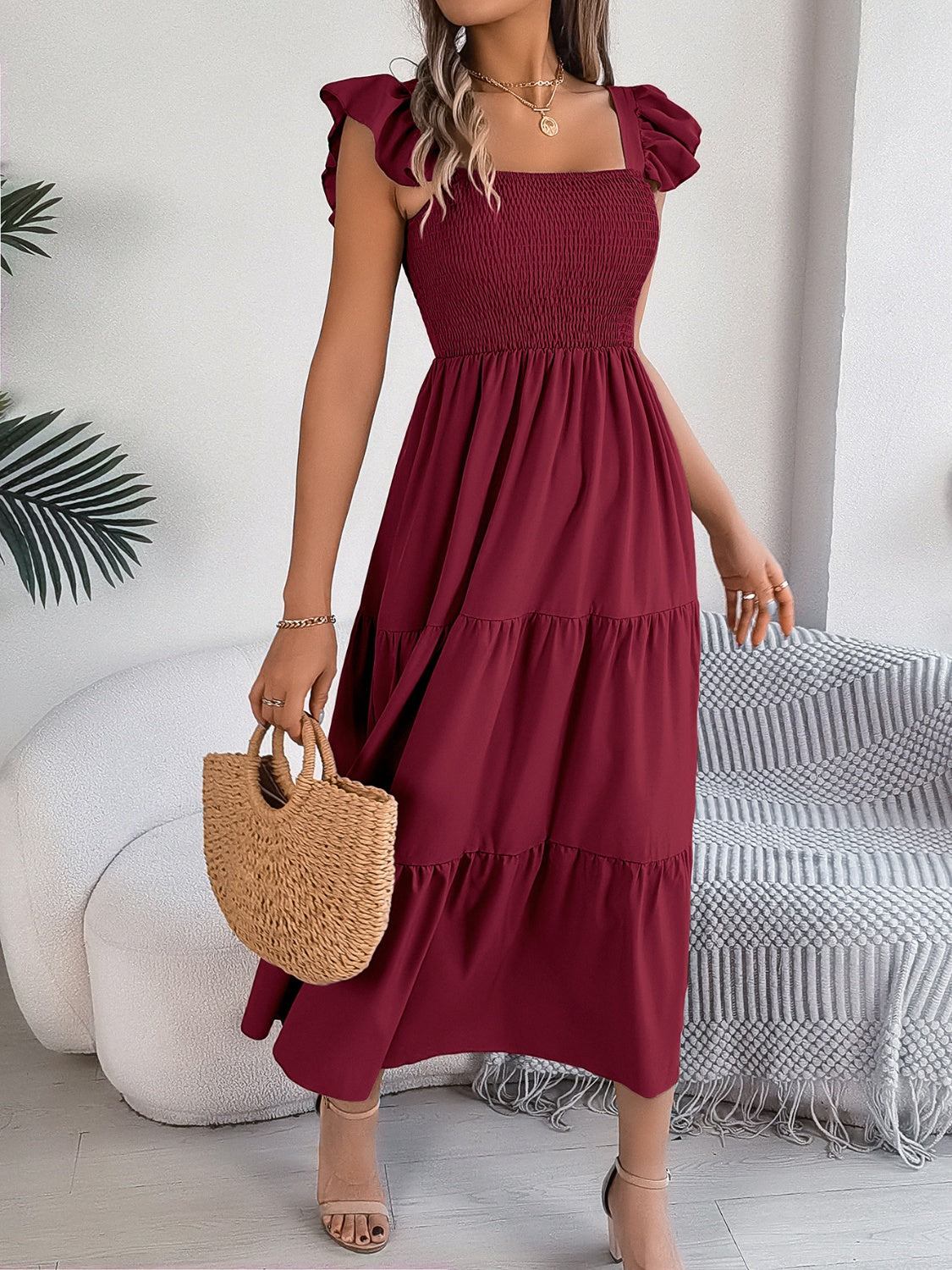 Smocked Square Neck Cap Sleeve Midi Dress Trandify deal