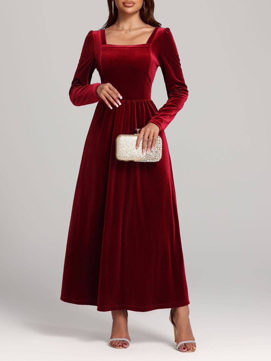 Velvet Square Neck Long Sleeve Dress Trandify Deal