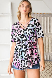 Plus Size Animal Print Babydoll Top – Crisscross Neck Boho Blouse for Women