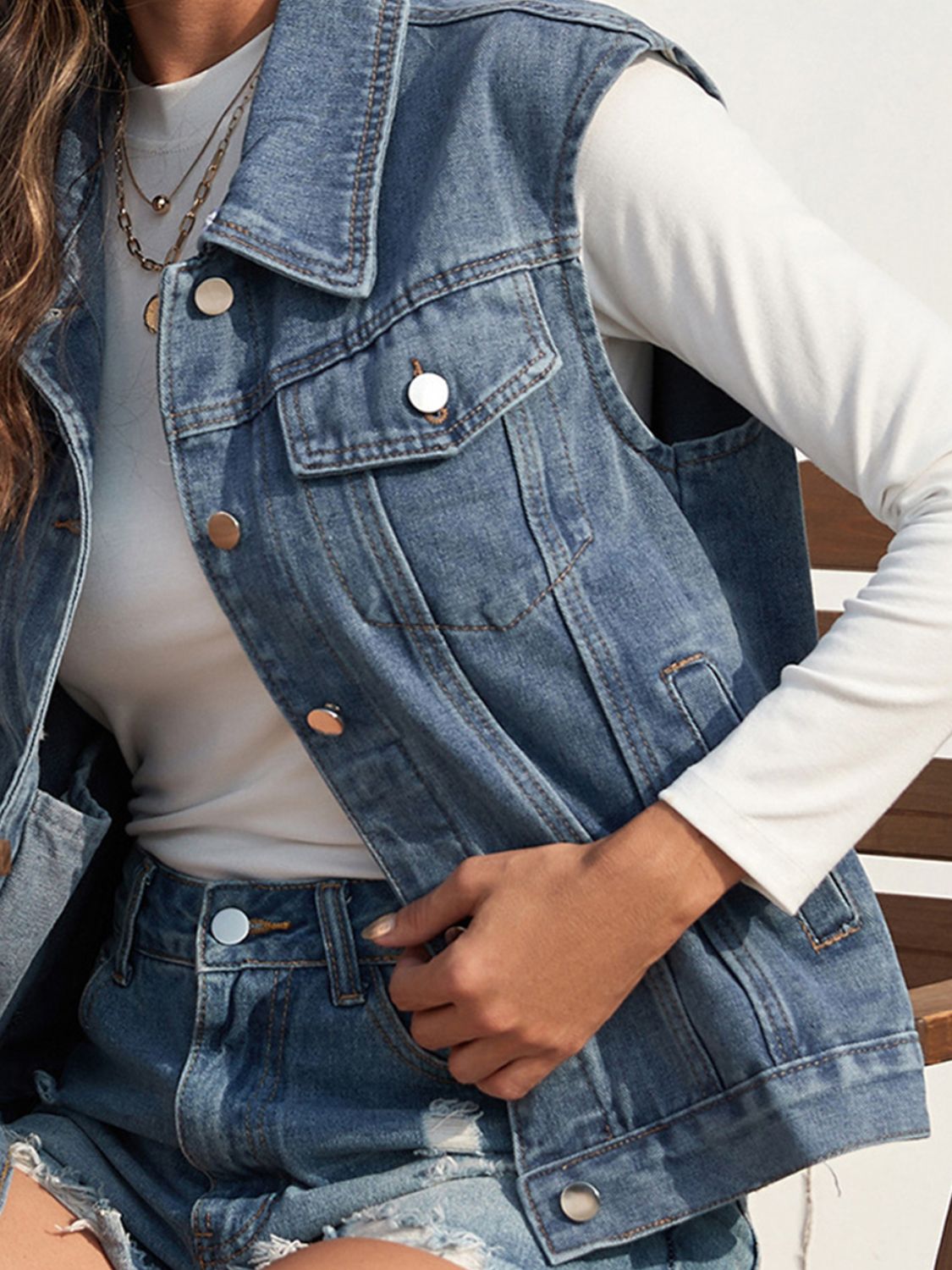Collared Neck Sleeveless Denim Jacket Trandify deal
