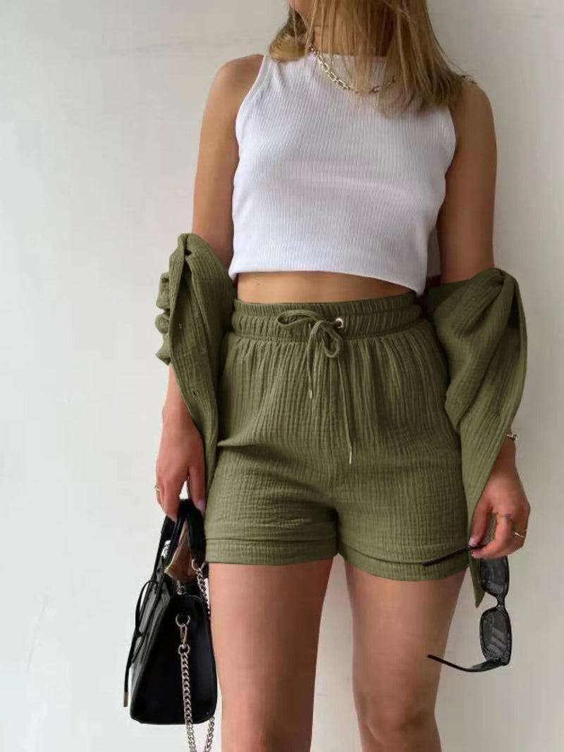 Trendy linen-blend two-piece set for women, stylish matching shirt and shorts