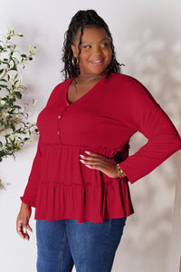Double Take Half Button Long Sleeve Ruffle Hem Blouse Trandify Deal