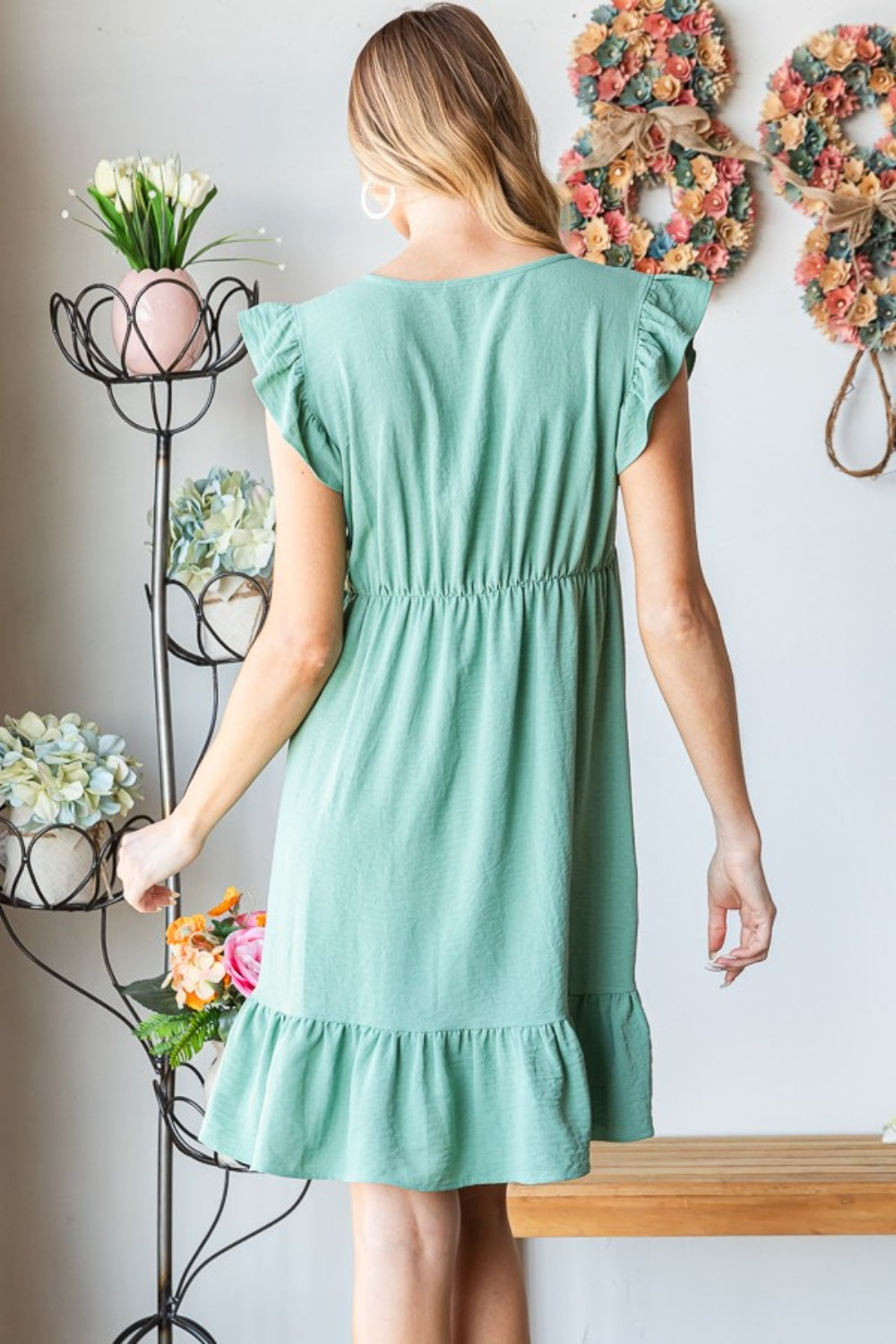 Heimish Full Size Short Sleeve V Neck Ruffled Hem Dress Trandify deal