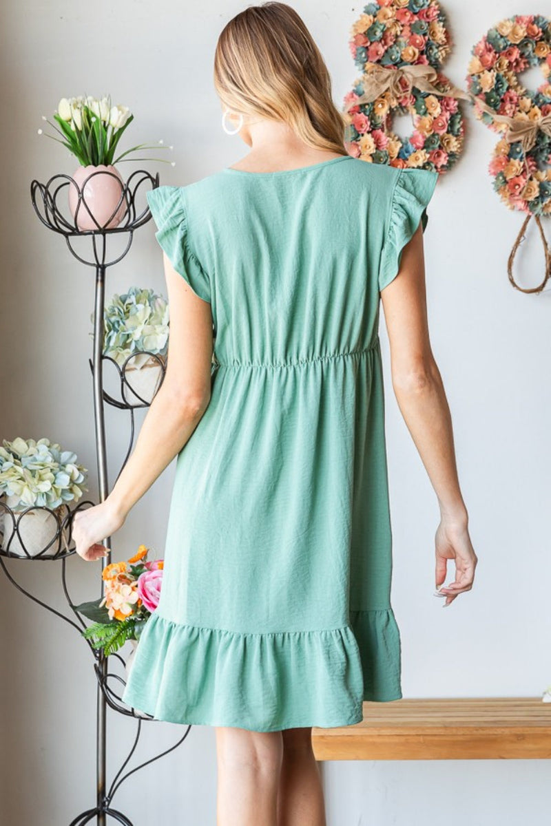Heimish Full Size Short Sleeve V Neck Ruffled Hem Dress Trandify deal