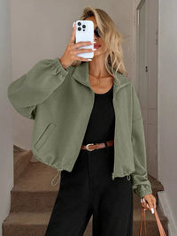 Women's Ribbed Drawstring Jacket - Casual Long Sleeve Zip-Up