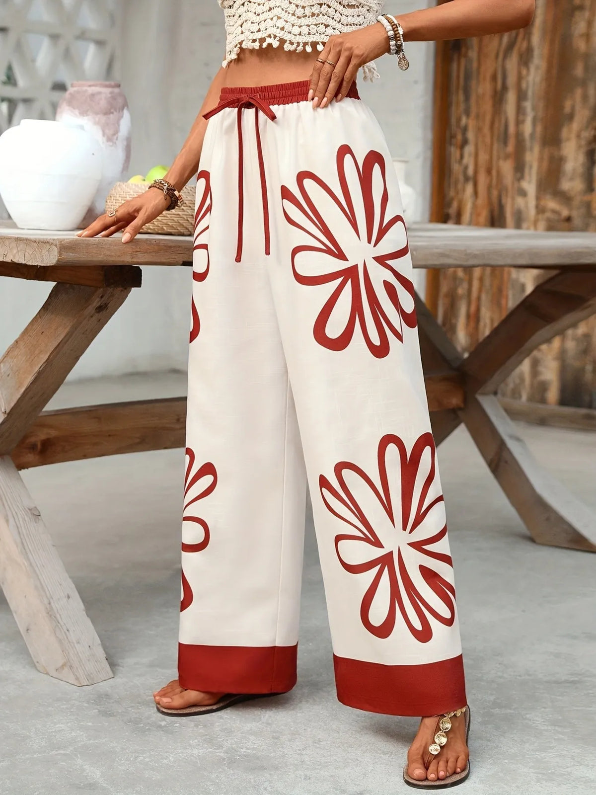 Boho Floral Print Wide Leg Pants for Women – Summer Beach Palazzo Lounge Pants