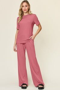 Double Take Full Size Round Neck Short Sleeve T-Shirt and Wide Leg Pants Set Trandify Deal