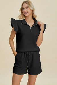 Double Take Texture Flounce Sleeve Top and Shorts Set - Trandify Deal