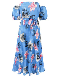 Pleated Floral Off-Shoulder Short Sleeve Midi Dress Trandify deal