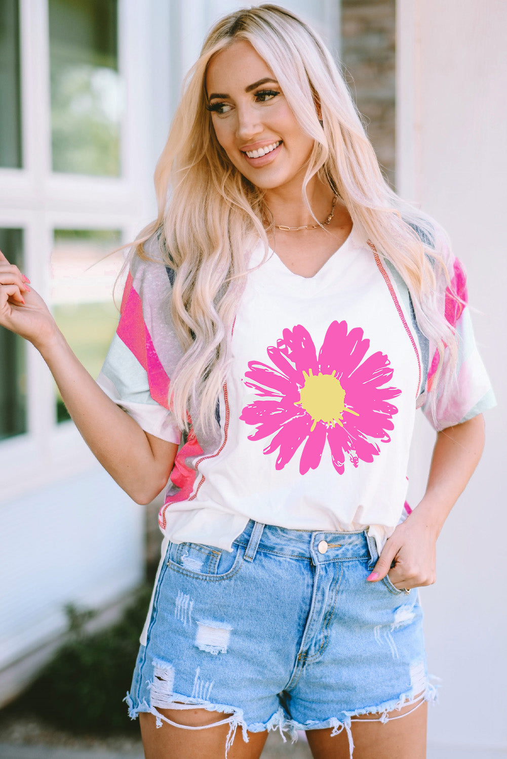 Daisy Graphic V-Neck Half Sleeve T-Shirt - Trandify Deal