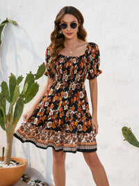 Printed Square Neck Short Sleeve Dress Trandify deal