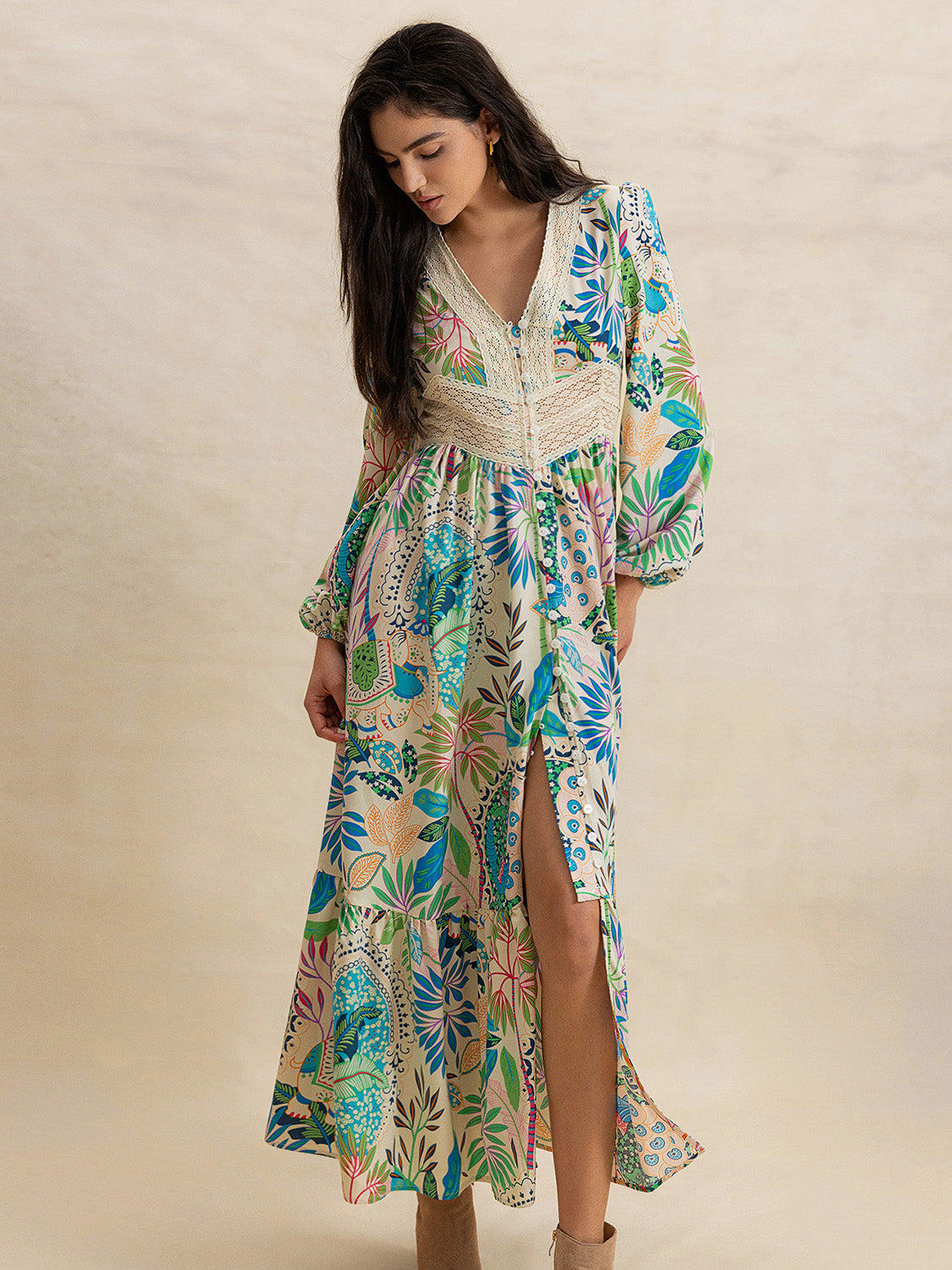 Slit Printed V-Neck Long Sleeve Midi Dress Trandify Deal