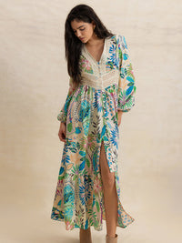 Slit Printed V-Neck Long Sleeve Midi Dress Trandify Deal