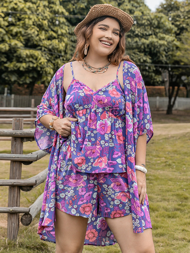 Plus Size Printed Cami, Open Front Cover Up and Shorts Set Trandify deal