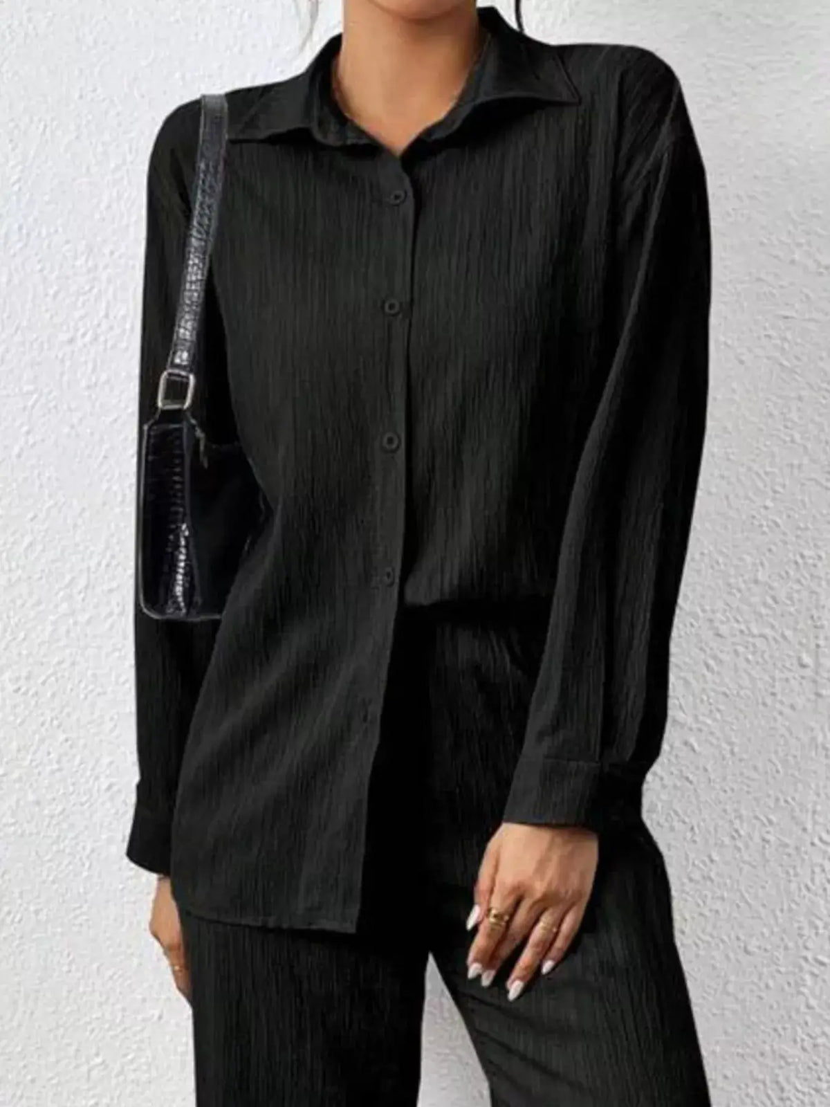 Women's Button Up Shirt and Pants Set in Black, casual office wear