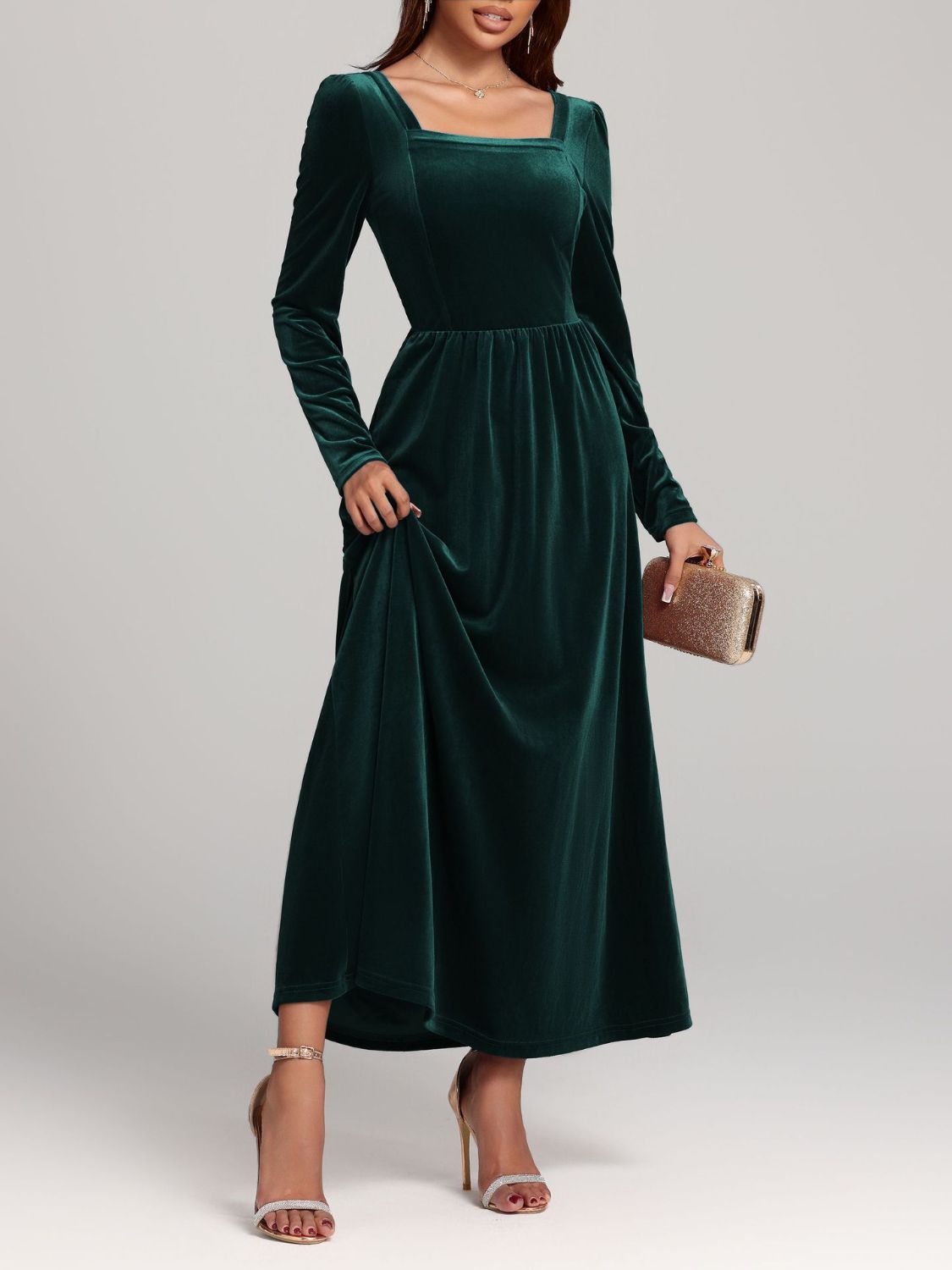 Velvet Square Neck Long Sleeve Dress Trandify Deal