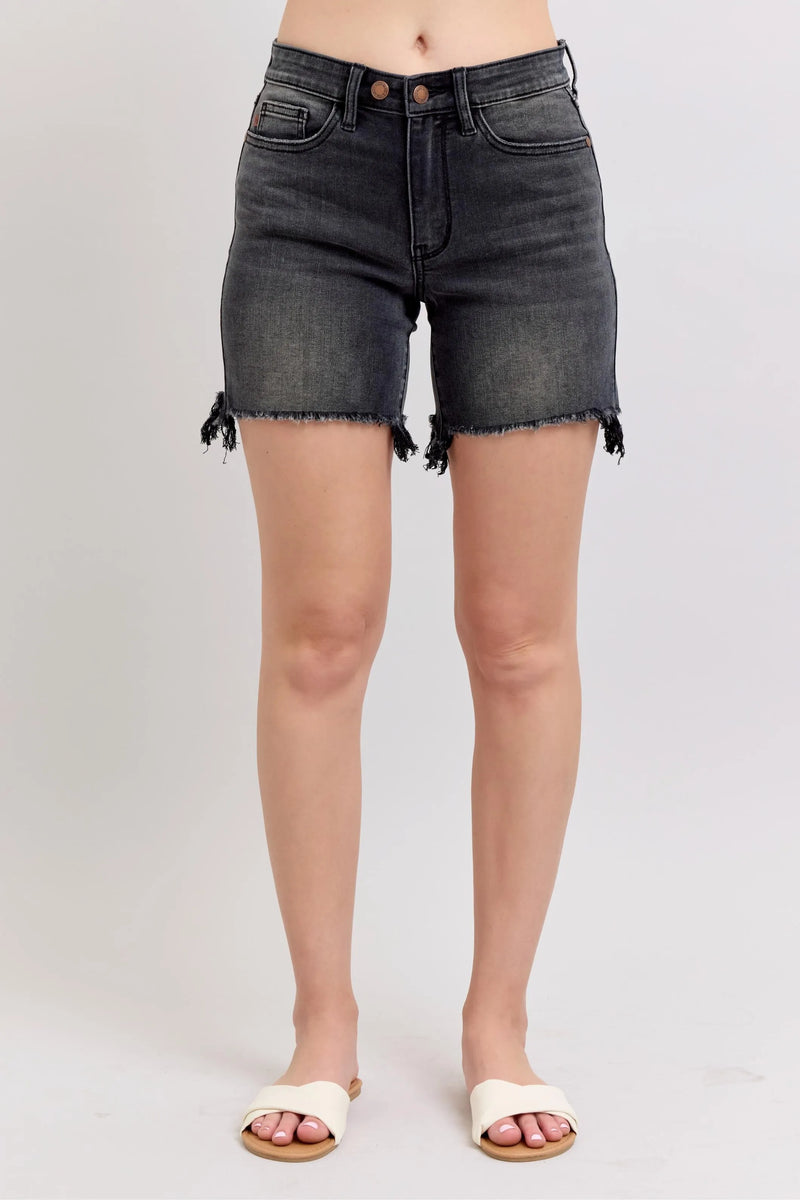 Judy Blue Denim Shorts in blue wash showing the 2-button dad cut off style