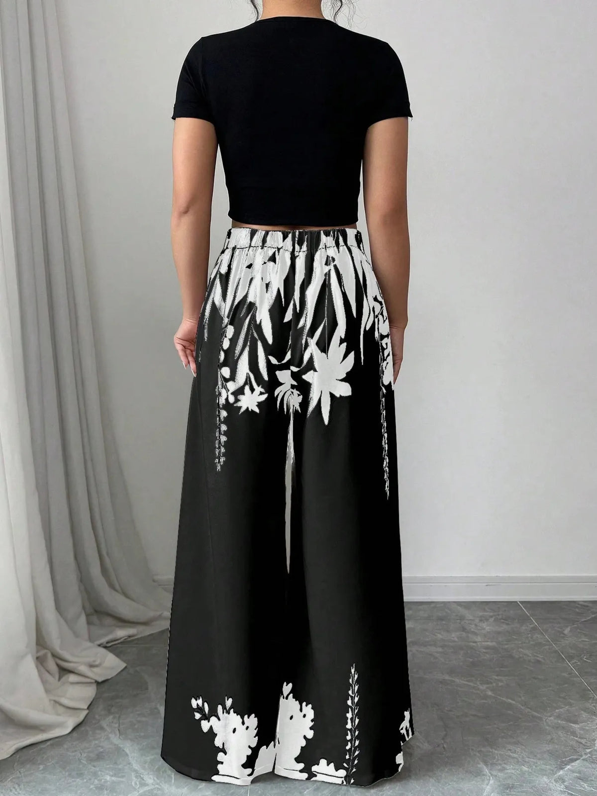 Printed Wide Leg Pants with floral boho pattern model walking