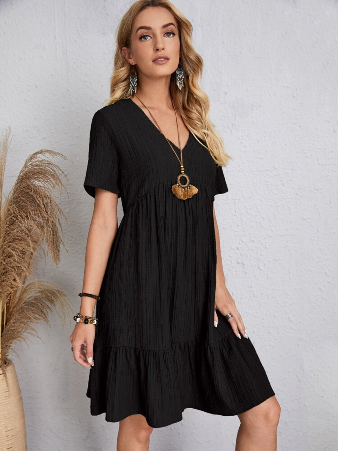 Full Size V-Neck Short Sleeve Dress Trandify deal