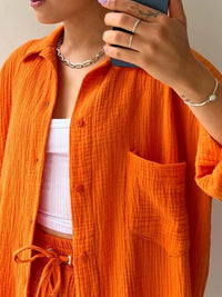 Trendy linen-blend two-piece set for women, stylish matching shirt and shorts