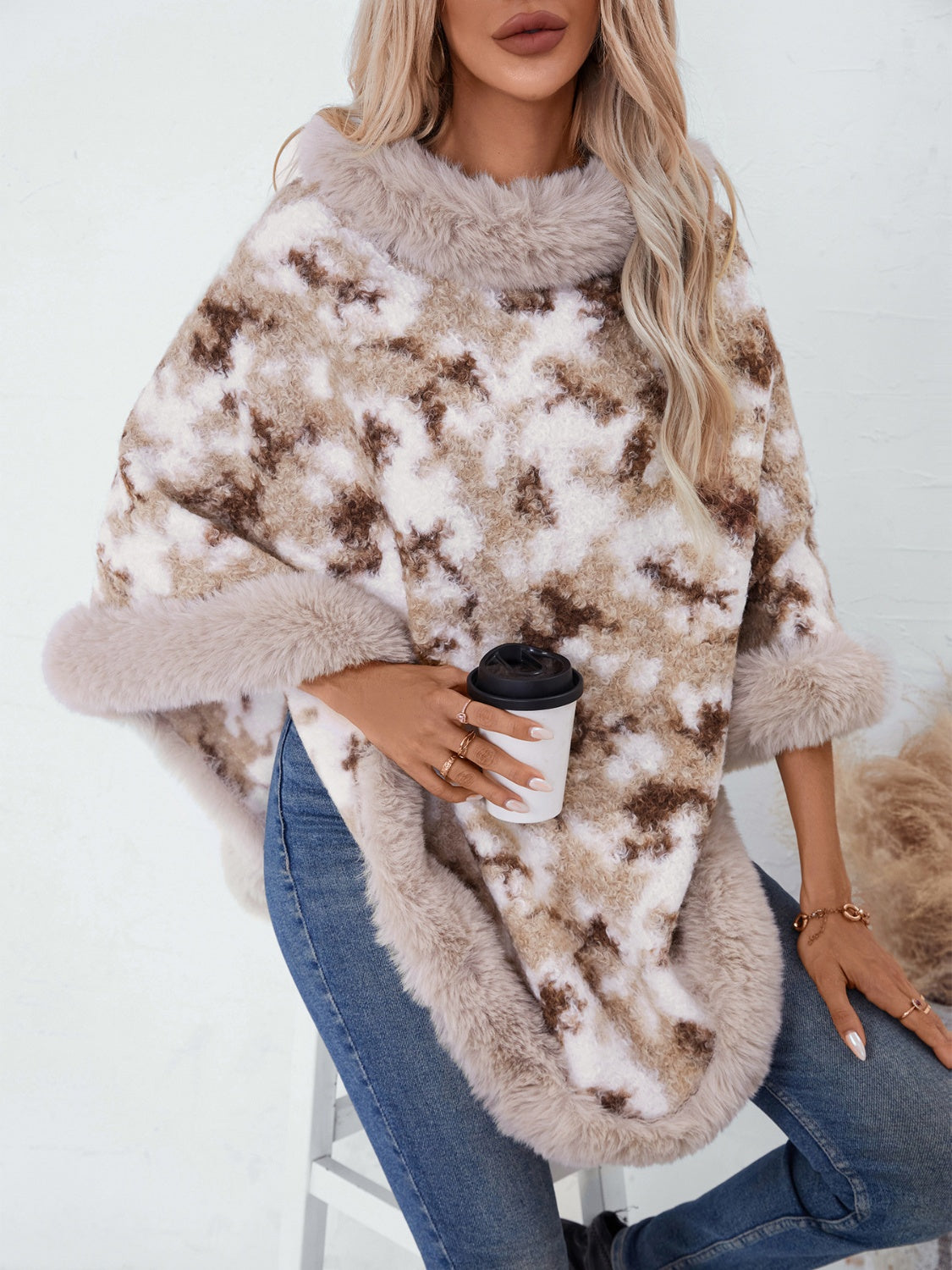 Furry Contrast Three-Quarter Poncho Trandify Deal