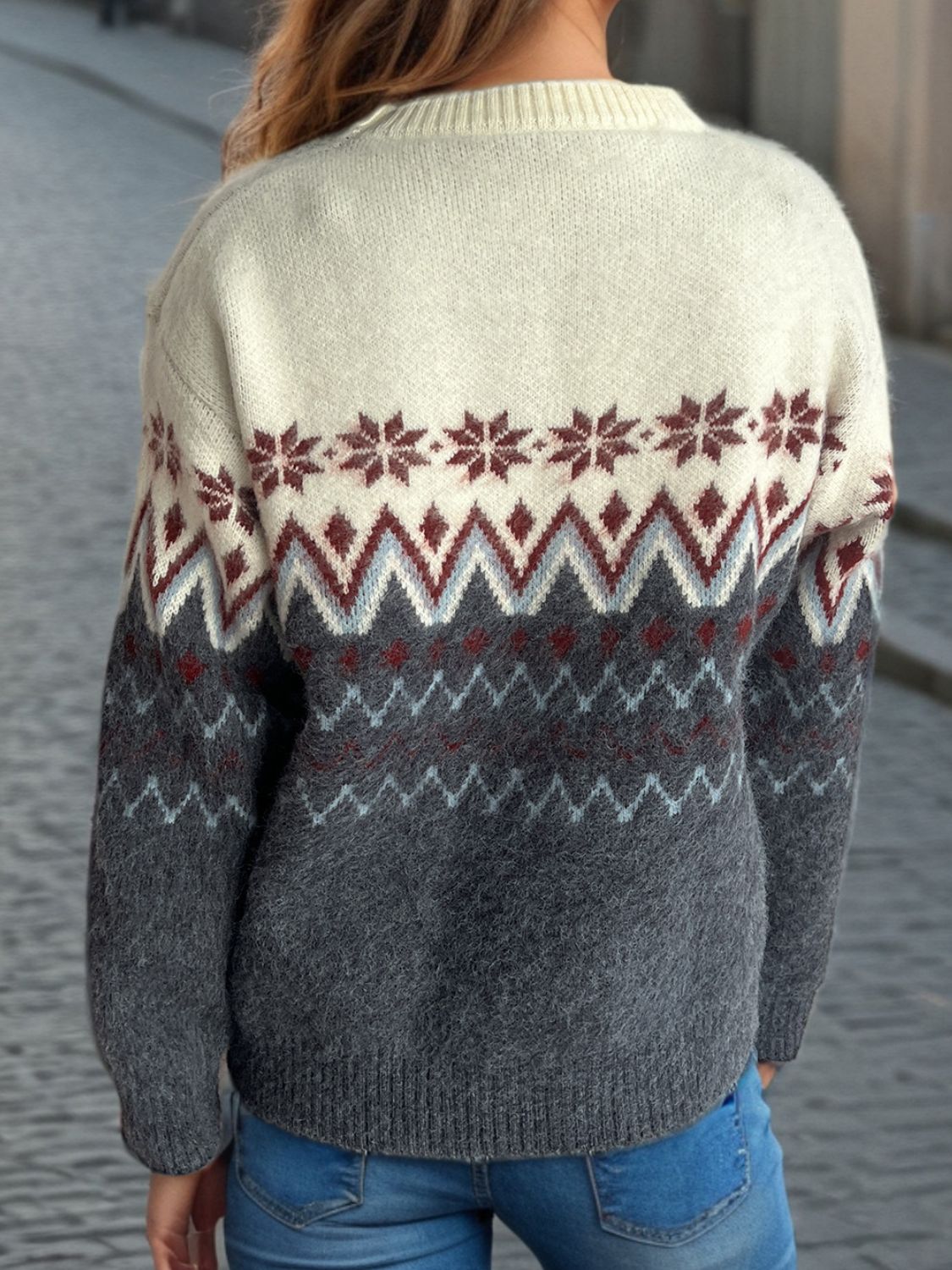 Chevron Contrast Round Neck Long Sleeve Sweater Trandify Deal