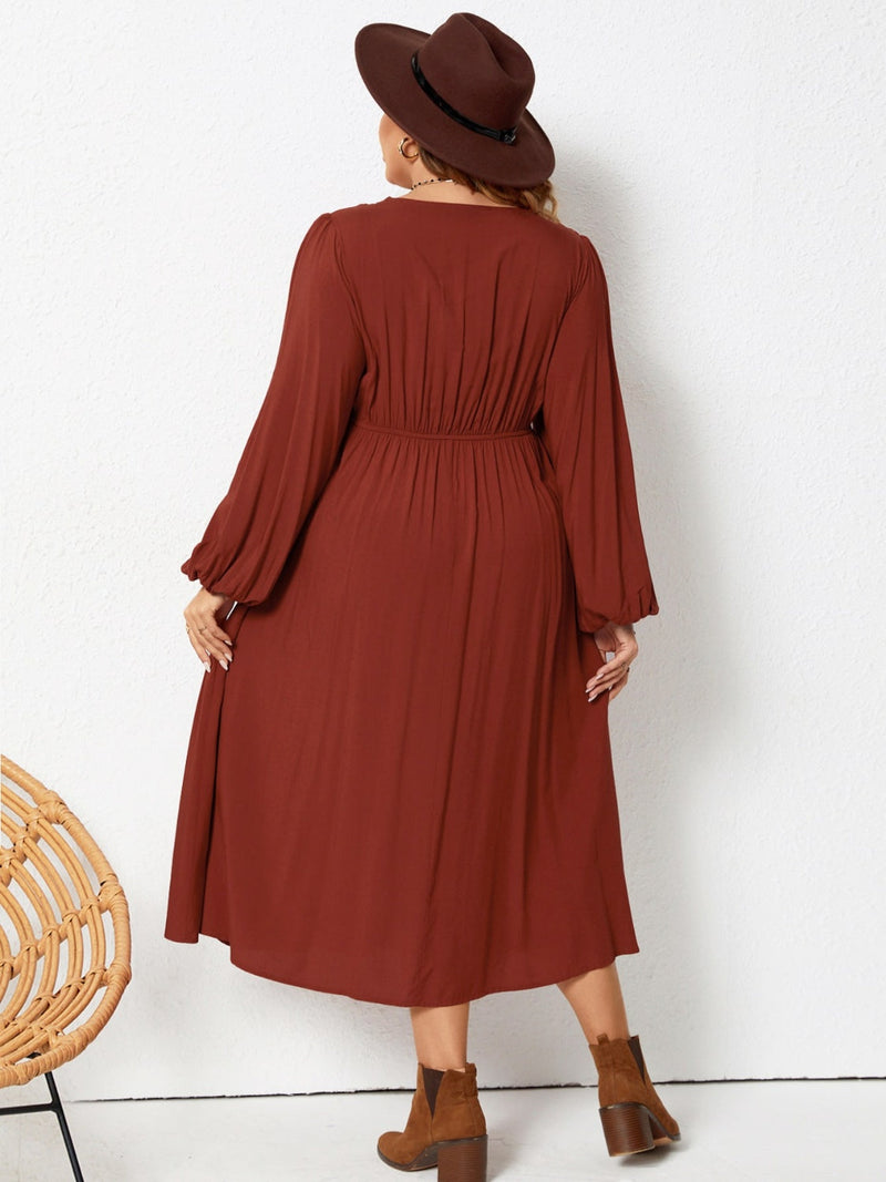 Plus Size Lace Detail V-Neck Balloon Sleeve Dress Trandify deal