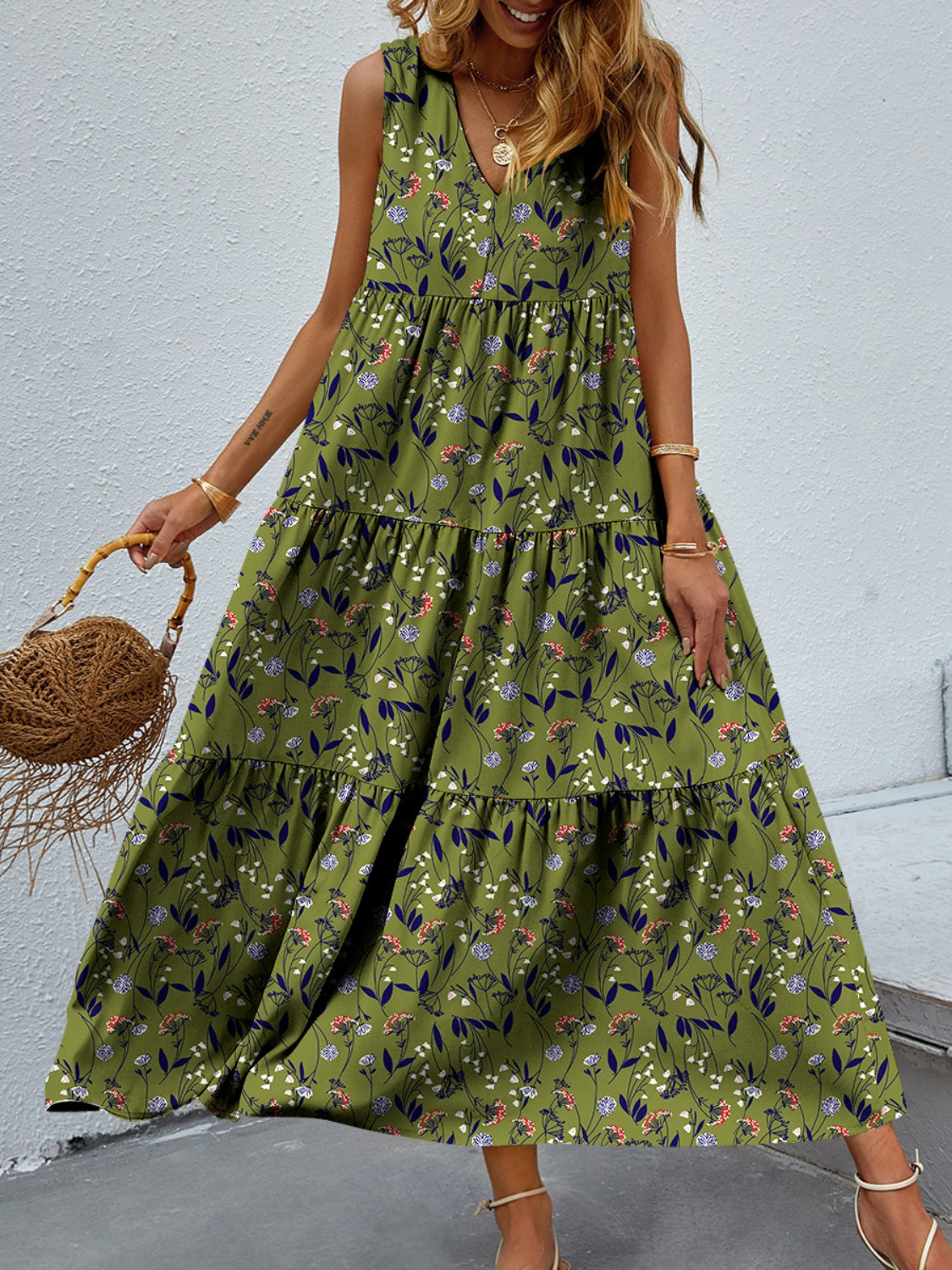FAM-FAM Tiered Printed V-Neck Sleeveless Dress Trandify deal