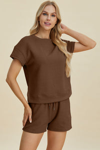 Double Take Full Size Texture Short Sleeve Top and Shorts Set Trandify deal