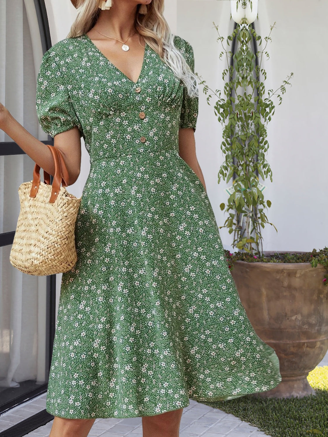 Printed V-Neck Short Sleeve Dress Trandify deal