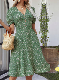 Printed V-Neck Short Sleeve Dress Trandify deal