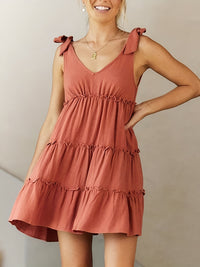 Full Size Frill V-Neck Tie Shoulder Mini Dress Trandify deal