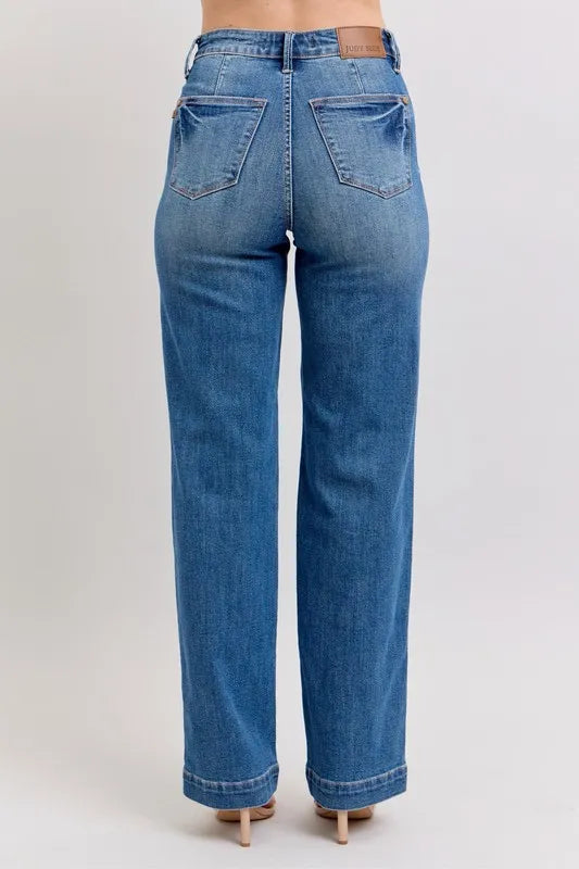 Judy Blue High Waist Straight Leg Jeans with contrast white thread detail