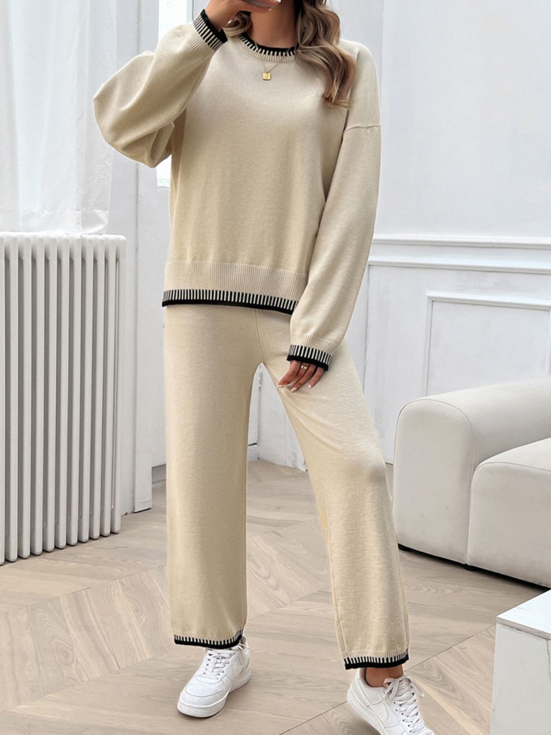 Devine Round Neck Dropped Shoulder Top and Pants Sweater Set Trandify Deal