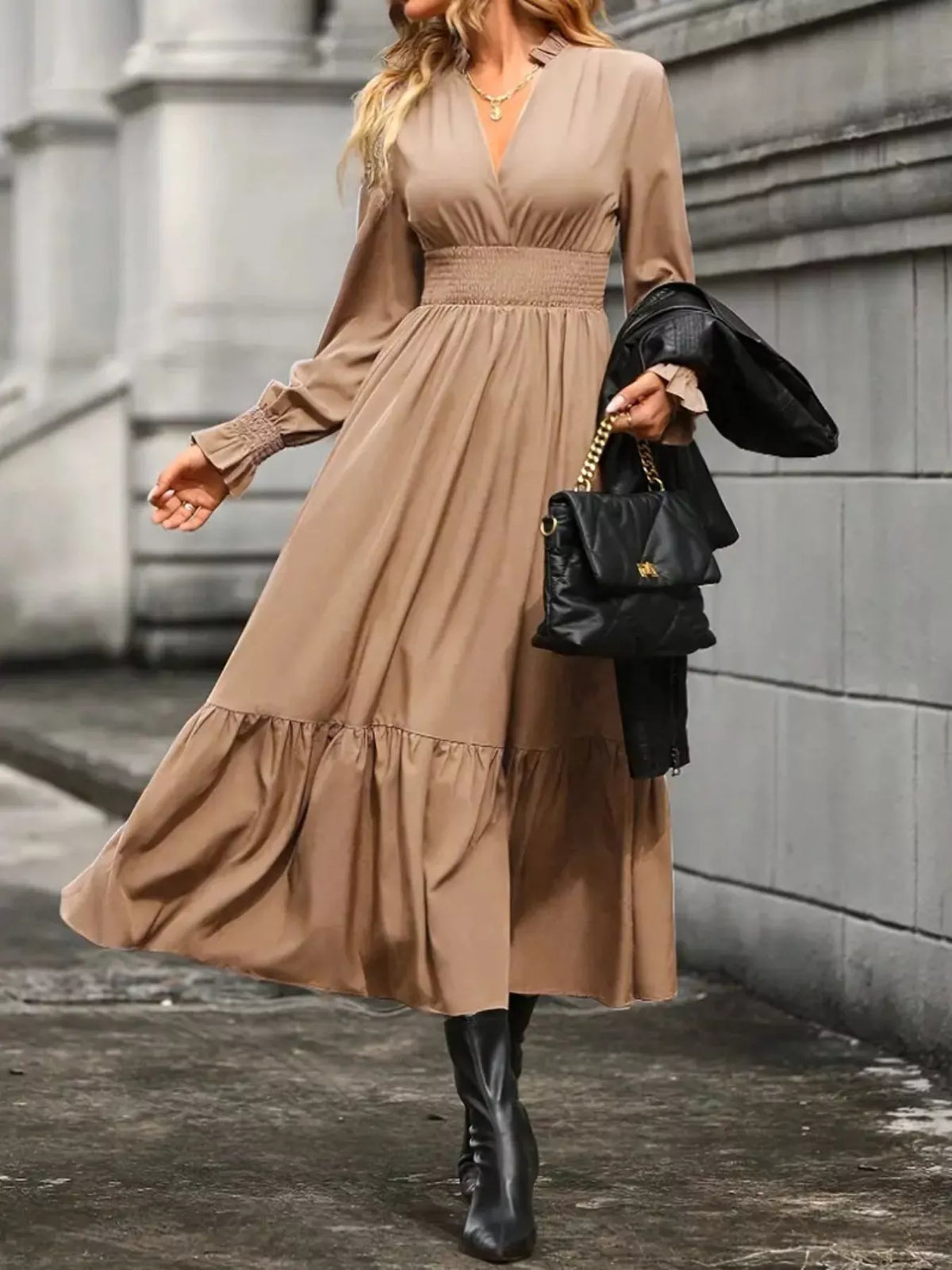 Ruched Midi Dress Long Sleeve Tiered Bodycon - Regular & Plus Size