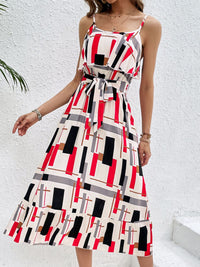 Perfee Ruffled Printed Tie Waist Midi Dress Trandify deal