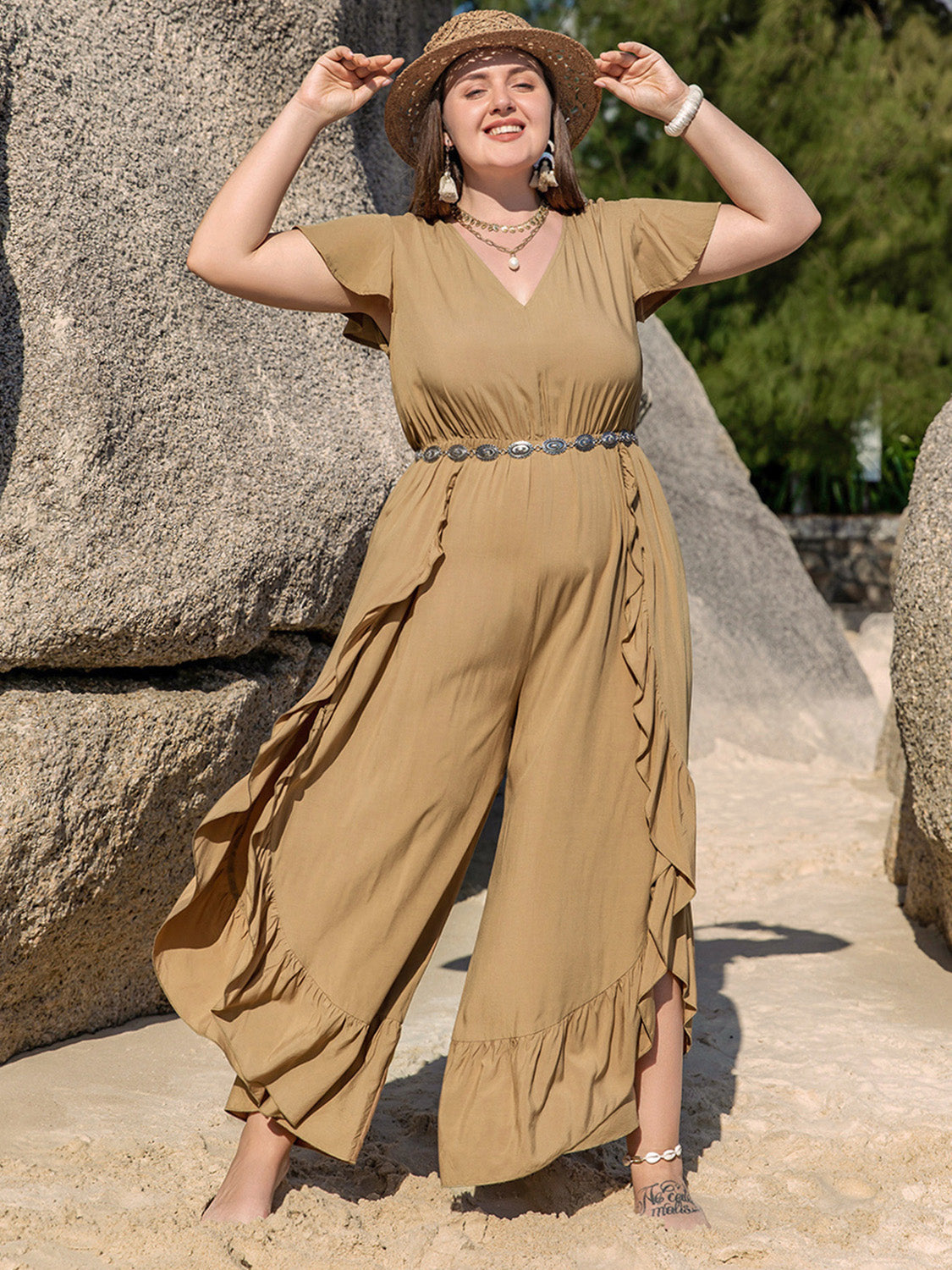 Plus Size Slit Ruffled V-Neck Jumpsuit Trandify deal