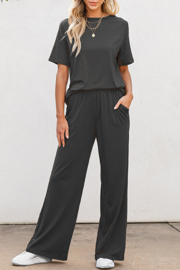 Round Neck Short Sleeve Top and Pants Set Trandify deal