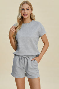 Double Take Full Size Texture Short Sleeve Top and Shorts Set Trandify deal