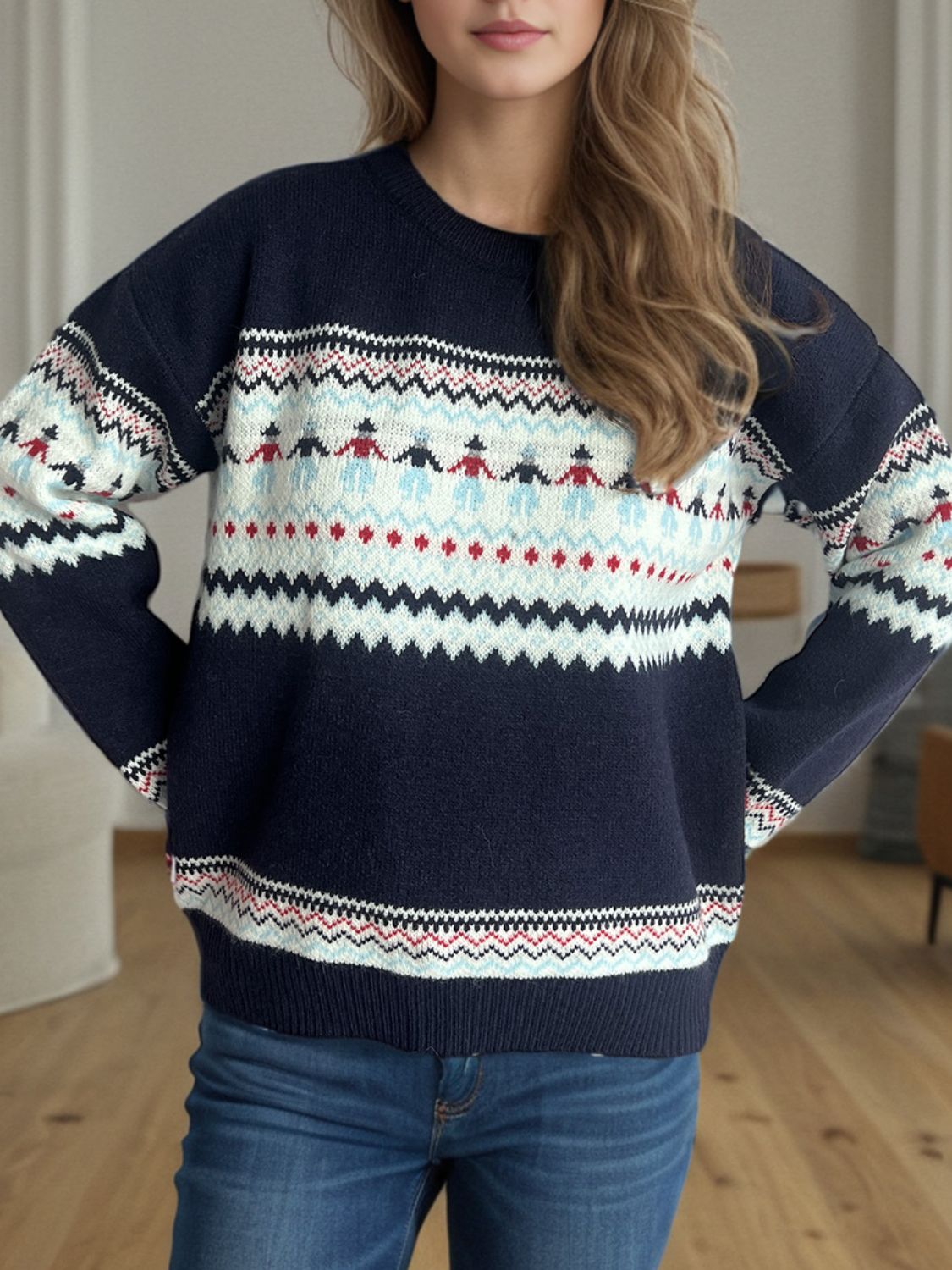 Contrast Round Neck Dropped Shoulder Sweater Trandify Deal