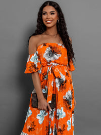 Pleated Floral Off-Shoulder Short Sleeve Midi Dress Trandify deal