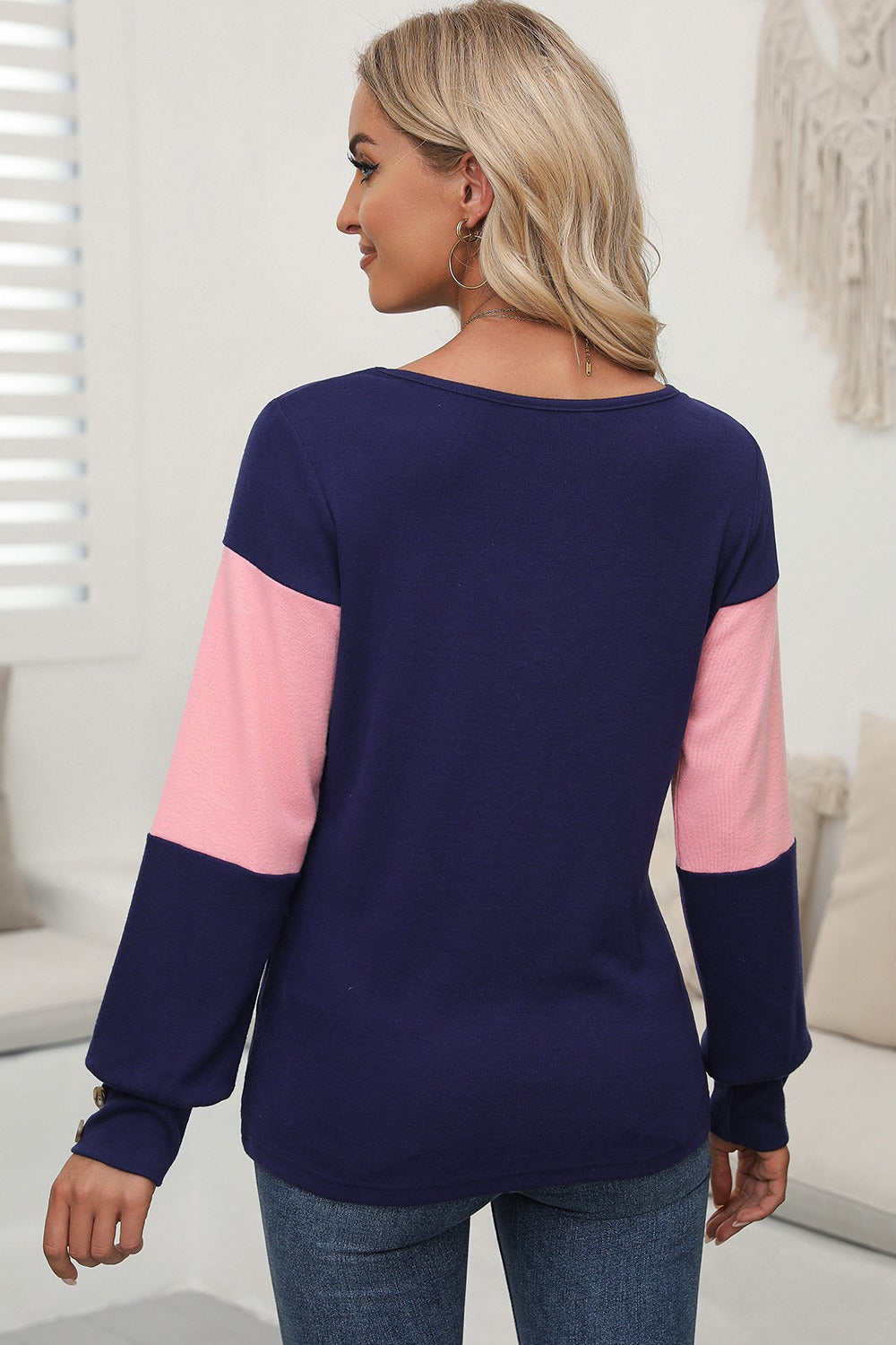 Color Block V-Neck Long Sleeve Top Trandify Deal